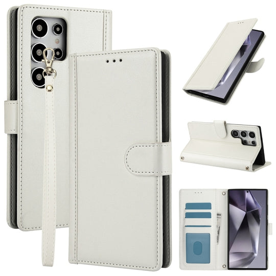 For Samsung Galaxy S25 Ultra 5G Skin Feel Pure Color Card Slots Leather Phone Case with Dual Lanyard(White)