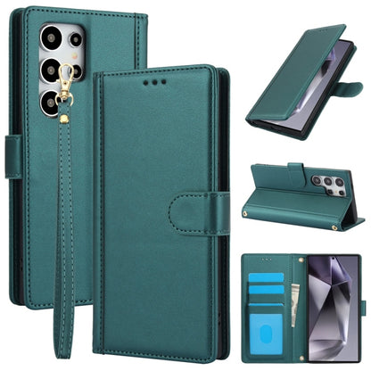 For Samsung Galaxy S25 Ultra 5G Skin Feel Pure Color Card Slots Leather Phone Case with Dual Lanyard(Green) - Galaxy S25 Ultra 5G Cases by buy2fix | Online Shopping UK | buy2fix