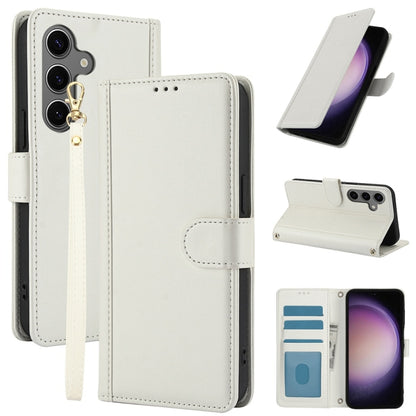 For Samsung Galaxy S25+ 5G Skin Feel Pure Color Card Slots Leather Phone Case with Dual Lanyard(White) by buy2fix