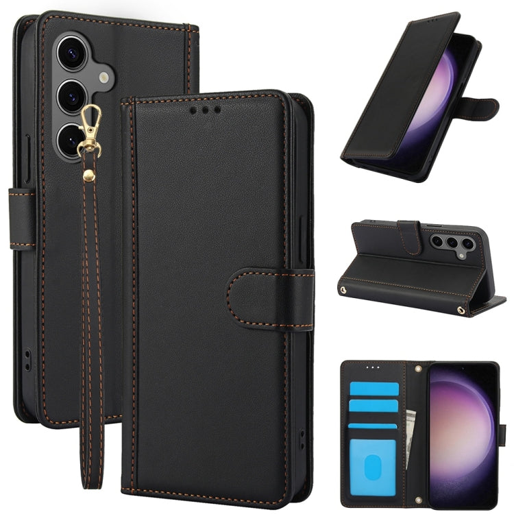For Samsung Galaxy S25+ 5G Skin Feel Pure Color Card Slots Leather Phone Case with Dual Lanyard(Black) by buy2fix