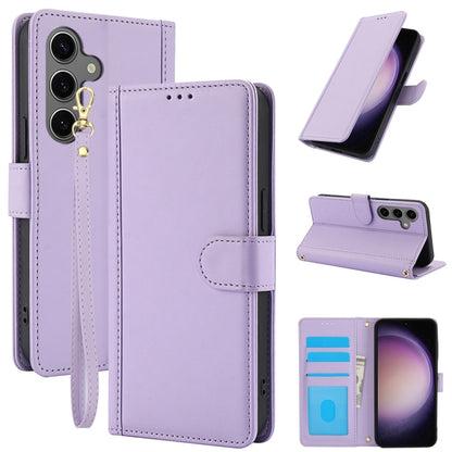 For Samsung Galaxy S25+ 5G Skin Feel Pure Color Card Slots Leather Phone Case with Dual Lanyard(Purple) by buy2fix