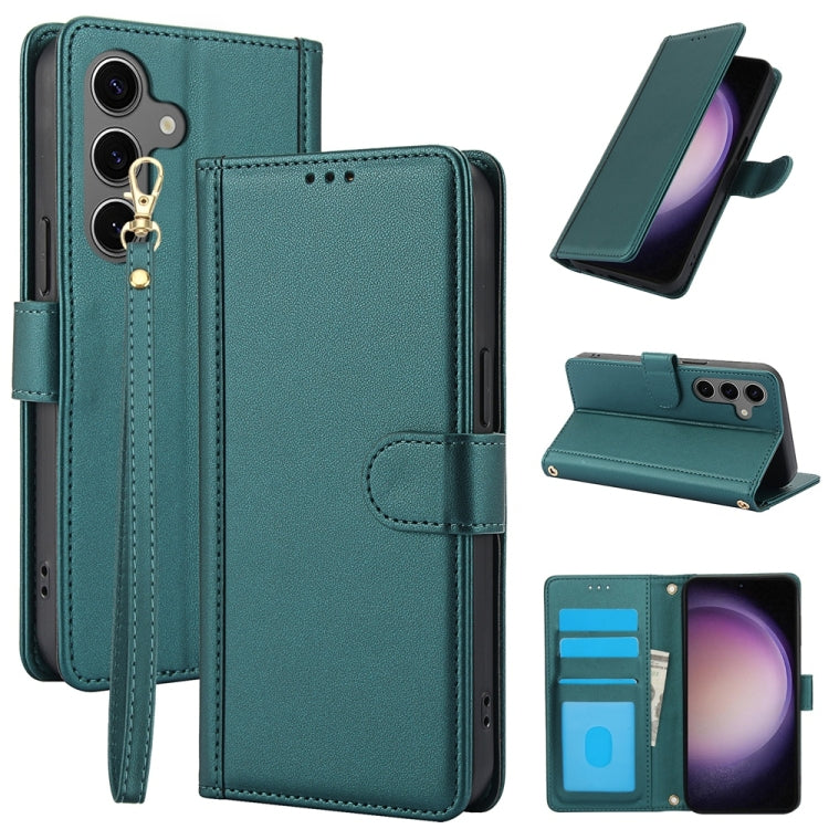 For Samsung Galaxy S25 5G Skin Feel Pure Color Card Slots Leather Phone Case with Dual Lanyard(Green) - Galaxy S25 5G Cases by buy2fix | Online Shopping UK | buy2fix