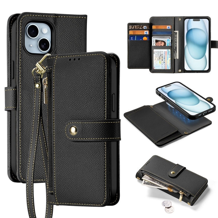 For iPhone 15 Plus DUX DUCIS Lawa Series 2 in 1 Wallet Zipper Detachable MagSafe Phone Case with Lanyard(Black) by DUX DUCIS