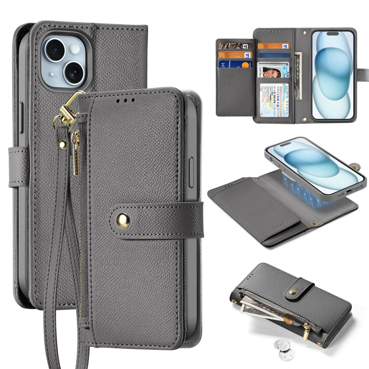 For iPhone 15 DUX DUCIS Lawa Series 2 in 1 Wallet Zipper Detachable MagSafe Phone Case with Lanyard(Grey) - iPhone 15 Cases by DUX DUCIS | Online Shopping UK | buy2fix