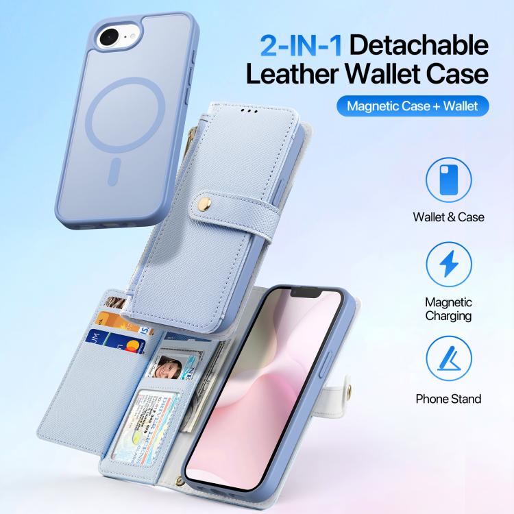 For iPhone 16e DUX DUCIS Lawa Series 2 in 1 Wallet Zipper Detachable MagSafe Phone Case with Lanyard(Light Blue) - iPhone 16e Cases by DUX DUCIS | Online Shopping UK | buy2fix