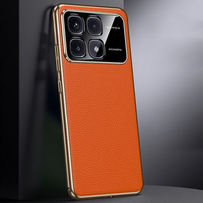 For Redmi K70 Ultra First Layer Cowhide Leather Electroplated PC Phone Case(Orange) - Xiaomi Cases by buy2fix | Online Shopping UK | buy2fix