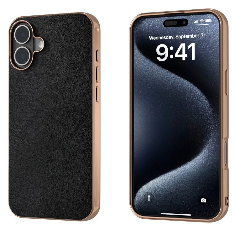 For iPhone 16 Plus PU Leather Electroplating Frame Full Coverage Phone Case(Black) by buy2fix