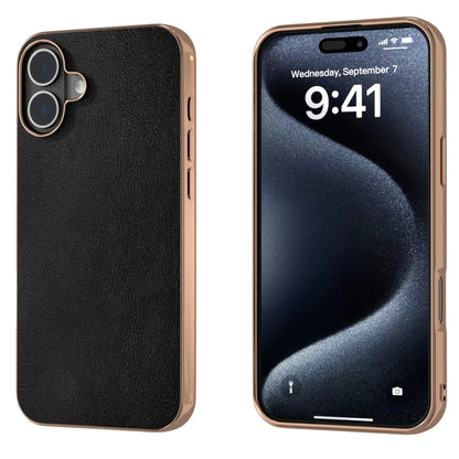For iPhone 16 Plus PU Leather Electroplating Frame Full Coverage Phone Case(Black) by buy2fix