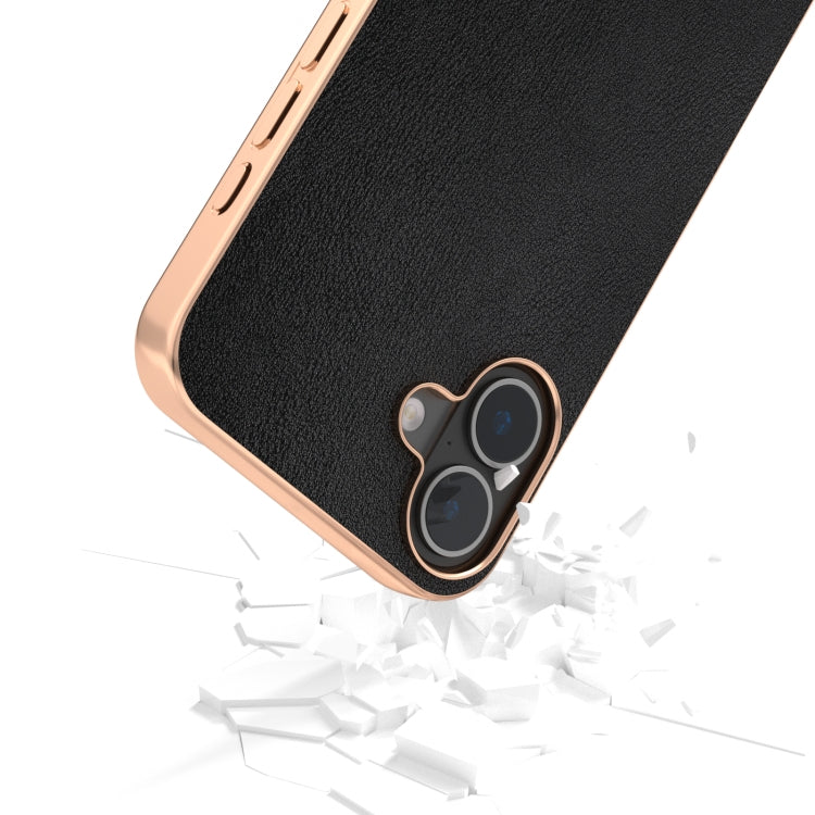 For iPhone 16 Plus PU Leather Electroplating Frame Full Coverage Phone Case(Black) by buy2fix