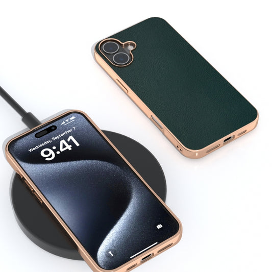 For iPhone 16 PU Leather Electroplating Frame Full Coverage Phone Case(Green) by buy2fix