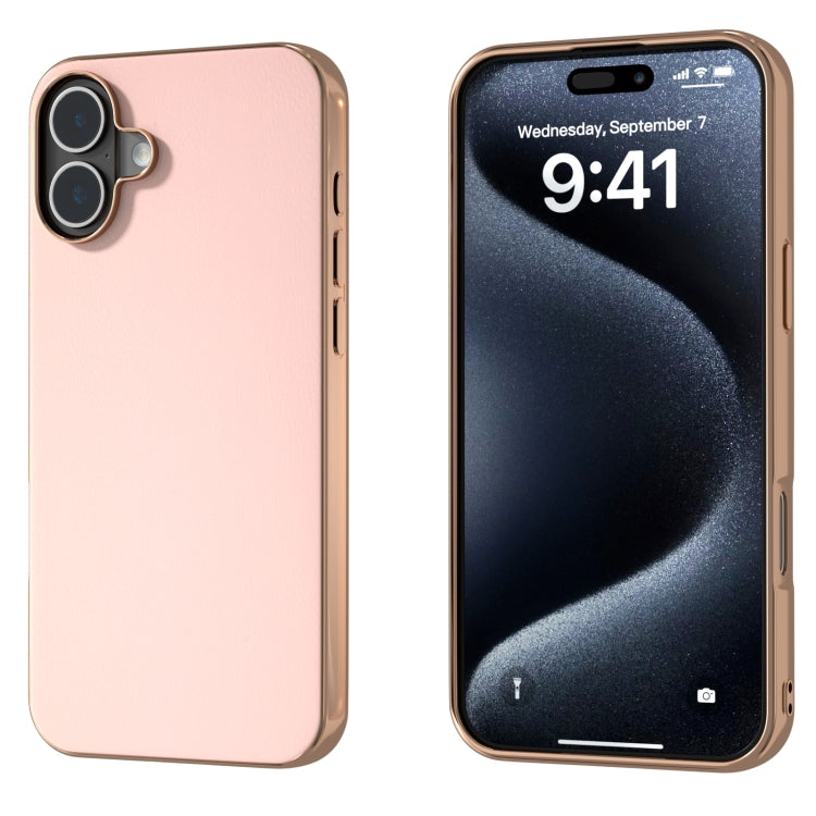 For iPhone 16 PU Leather Electroplating Frame Full Coverage Phone Case(Light Pink) - iPhone 16 Cases by buy2fix | Online Shopping UK | buy2fix