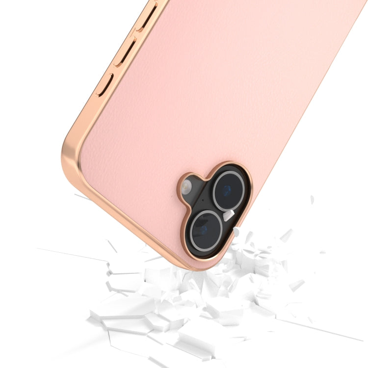 For iPhone 16 PU Leather Electroplating Frame Full Coverage Phone Case(Light Pink) - iPhone 16 Cases by buy2fix | Online Shopping UK | buy2fix