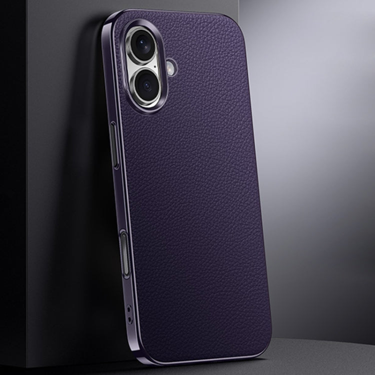 For iPhone 16 First Layer Cowhide Leather Electroplated PC Phone Case(Dark Purple) - iPhone 16 Cases by buy2fix | Online Shopping UK | buy2fix