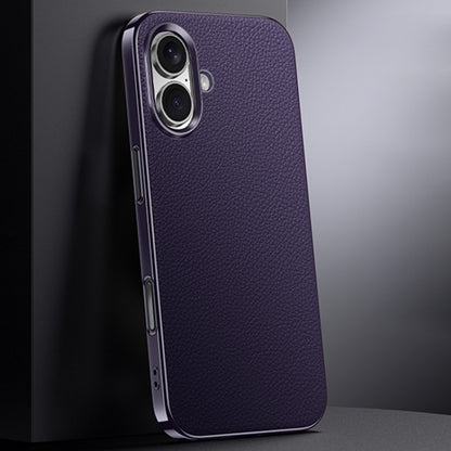 For iPhone 16 First Layer Cowhide Leather Electroplated PC Phone Case(Dark Purple) - iPhone 16 Cases by buy2fix | Online Shopping UK | buy2fix