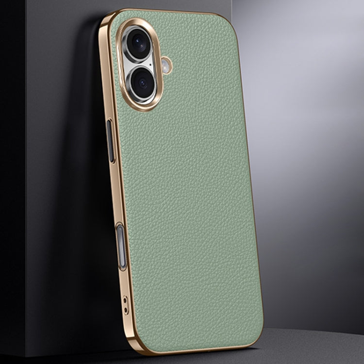 For iPhone 16 First Layer Cowhide Leather Electroplated PC Phone Case(Green) - iPhone 16 Cases by buy2fix | Online Shopping UK | buy2fix