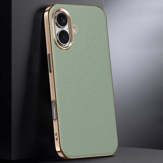 For iPhone 16 First Layer Cowhide Leather Electroplated PC Phone Case(Green) - iPhone 16 Cases by buy2fix | Online Shopping UK | buy2fix