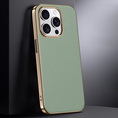 For iPhone 15 Pro Max First Layer Cowhide Leather Electroplated PC Phone Case(Green) - iPhone 15 Pro Max Cases by buy2fix | Online Shopping UK | buy2fix