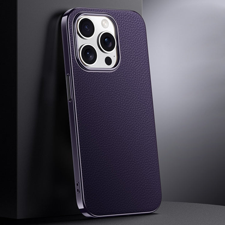 For iPhone 15 Pro First Layer Cowhide Leather Electroplated PC Phone Case(Dark Purple) - iPhone 15 Pro Cases by buy2fix | Online Shopping UK | buy2fix