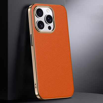 For iPhone 14 Pro Max First Layer Cowhide Leather Electroplated PC Phone Case(Orange) - iPhone 14 Pro Max Cases by buy2fix | Online Shopping UK | buy2fix