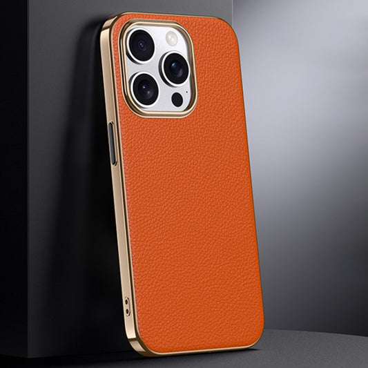 For iPhone 14 Pro First Layer Cowhide Leather Electroplated PC Phone Case(Orange) - iPhone 14 Pro Cases by buy2fix | Online Shopping UK | buy2fix
