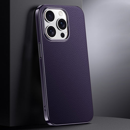 For iPhone 14 Pro First Layer Cowhide Leather Electroplated PC Phone Case(Dark Purple) - iPhone 14 Pro Cases by buy2fix | Online Shopping UK | buy2fix