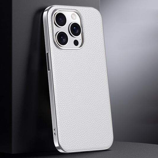 For iPhone 13 Pro Max First Layer Cowhide Leather Electroplated PC Phone Case(White) - iPhone 13 Pro Max Cases by buy2fix | Online Shopping UK | buy2fix