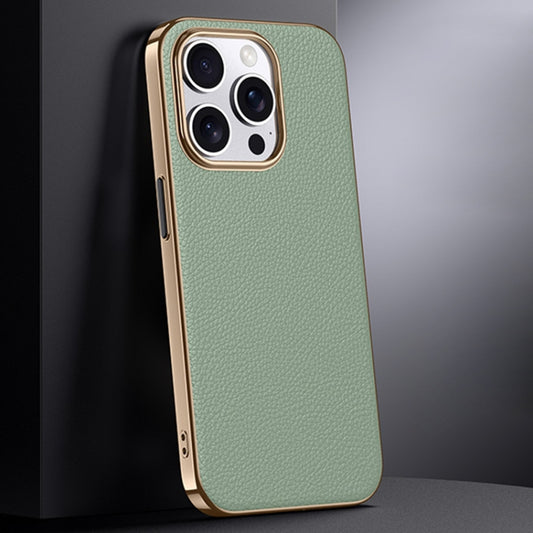 For iPhone 13 Pro First Layer Cowhide Leather Electroplated PC Phone Case(Green) - iPhone 13 Pro Cases by buy2fix | Online Shopping UK | buy2fix