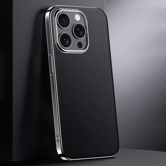 For iPhone 13 Pro First Layer Cowhide Leather Electroplated PC Phone Case(Black) - iPhone 13 Pro Cases by buy2fix | Online Shopping UK | buy2fix