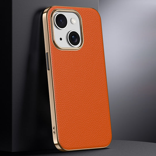 For iPhone 13 First Layer Cowhide Leather Electroplated PC Phone Case(Orange) - iPhone 13 Cases by buy2fix | Online Shopping UK | buy2fix