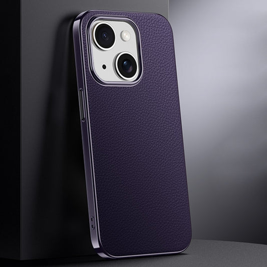 For iPhone 13 First Layer Cowhide Leather Electroplated PC Phone Case(Dark Purple) - iPhone 13 Cases by buy2fix | Online Shopping UK | buy2fix