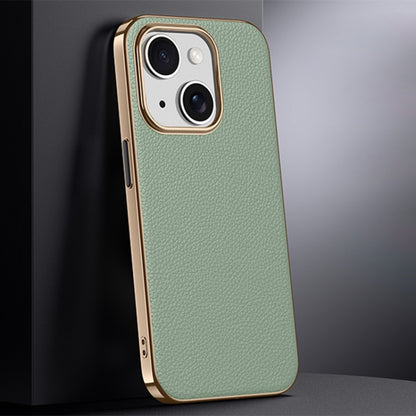 For iPhone 13 First Layer Cowhide Leather Electroplated PC Phone Case(Green) - iPhone 13 Cases by buy2fix | Online Shopping UK | buy2fix