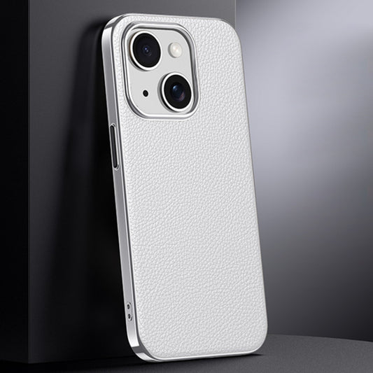 For iPhone 13 First Layer Cowhide Leather Electroplated PC Phone Case(White) - iPhone 13 Cases by buy2fix | Online Shopping UK | buy2fix