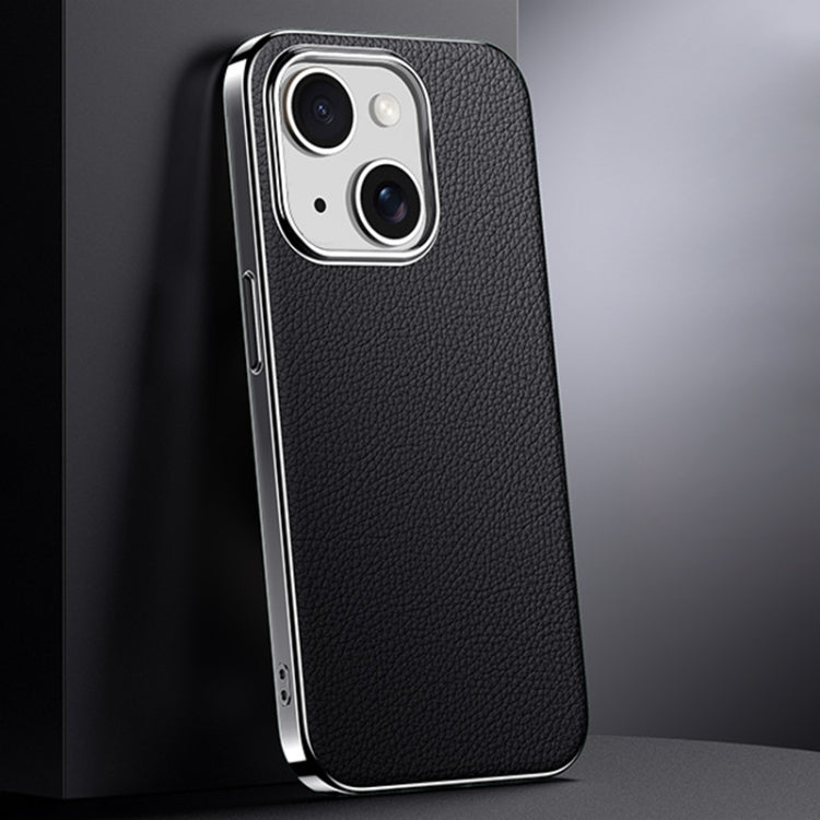 For iPhone 13 First Layer Cowhide Leather Electroplated PC Phone Case(Black) - iPhone 13 Cases by buy2fix | Online Shopping UK | buy2fix