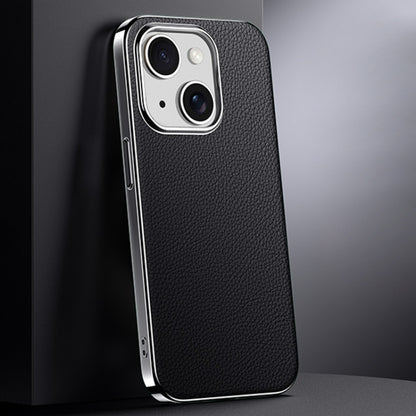 For iPhone 13 First Layer Cowhide Leather Electroplated PC Phone Case(Black) - iPhone 13 Cases by buy2fix | Online Shopping UK | buy2fix