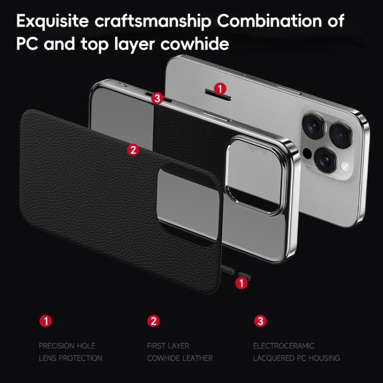 For iPhone 15 First Layer Cowhide Leather Electroplated PC Phone Case(White) - iPhone 15 Cases by buy2fix | Online Shopping UK | buy2fix