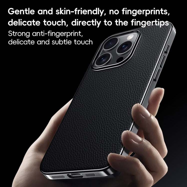 For iPhone 14 Pro First Layer Cowhide Leather Electroplated PC Phone Case(Black) - iPhone 14 Pro Cases by buy2fix | Online Shopping UK | buy2fix