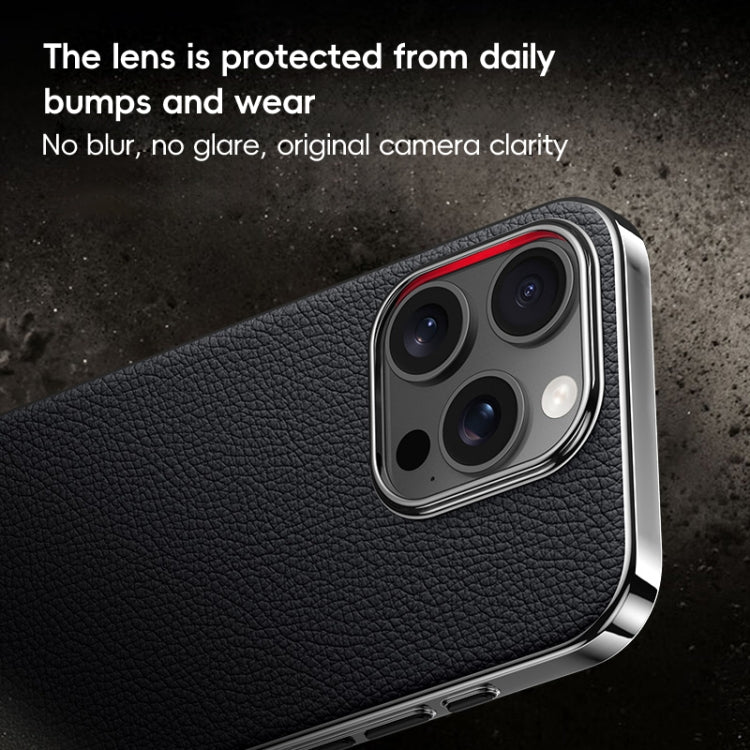 For iPhone 14 Pro First Layer Cowhide Leather Electroplated PC Phone Case(Black) - iPhone 14 Pro Cases by buy2fix | Online Shopping UK | buy2fix