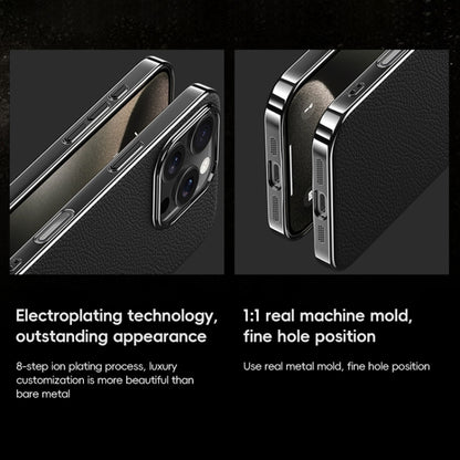 For iPhone 13 Pro Max First Layer Cowhide Leather Electroplated PC Phone Case(Black) - iPhone 13 Pro Max Cases by buy2fix | Online Shopping UK | buy2fix