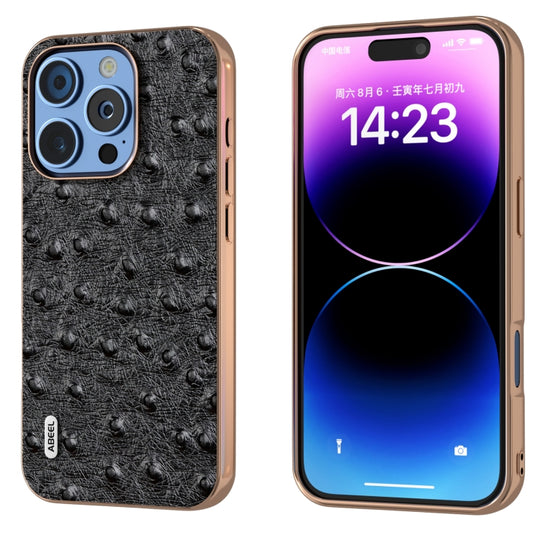 For iPhone 16 Pro ABEEL Electroplating Frame Genuine Leather Ostrich Texture Phone Case(Black)