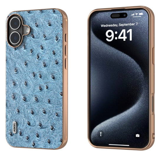 For iPhone 16 Plus ABEEL Electroplating Frame Genuine Leather Ostrich Texture Phone Case(Dark Blue)