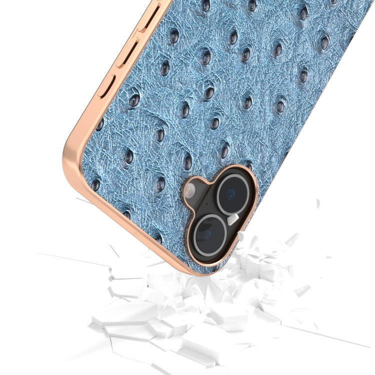 For iPhone 16 Plus ABEEL Electroplating Frame Genuine Leather Ostrich Texture Phone Case(Dark Blue) - iPhone 16 Plus Cases by buy2fix | Online Shopping UK | buy2fix