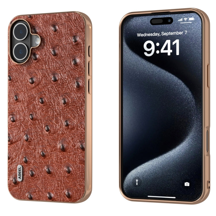 For iPhone 16 Plus ABEEL Electroplating Frame Genuine Leather Ostrich Texture Phone Case(Coffee) - iPhone 16 Plus Cases by buy2fix | Online Shopping UK | buy2fix