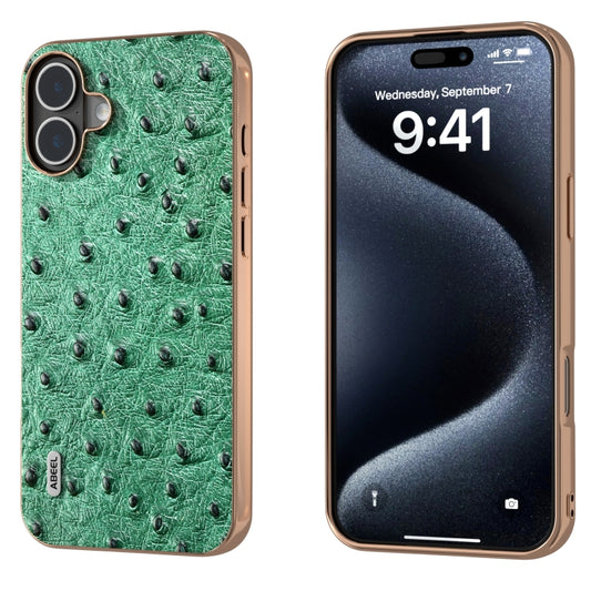 For iPhone 16 ABEEL Electroplating Frame Genuine Leather Ostrich Texture Phone Case(Green) - iPhone 16 Cases by buy2fix | Online Shopping UK | buy2fix