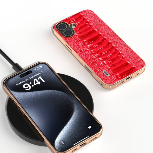 For iPhone 16 Plus ABEEL Electroplating Frame Genuine Leather Weilai Series Phone Case(Red) by buy2fix