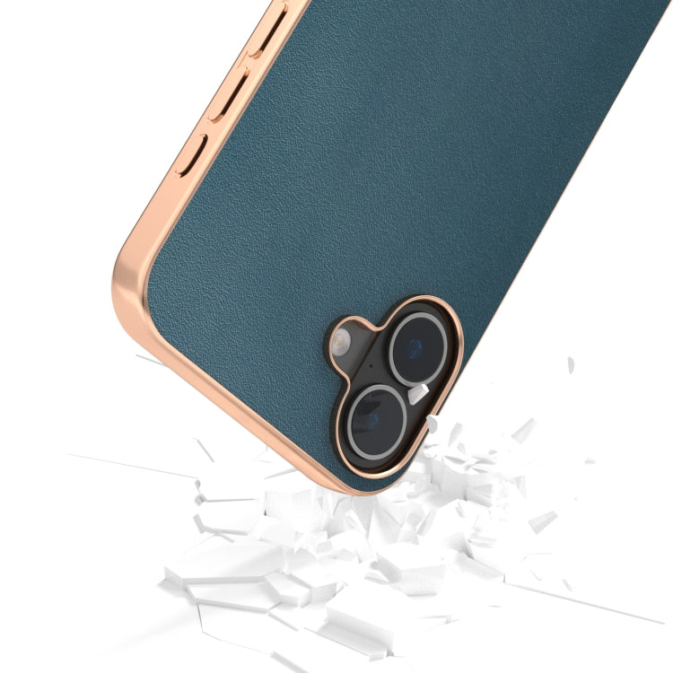 For iPhone 16 Plus ABEEL Electroplating Frame Genuine Leather Xiaoya Series Phone Case(Dark Green) - iPhone 16 Plus Cases by buy2fix | Online Shopping UK | buy2fix