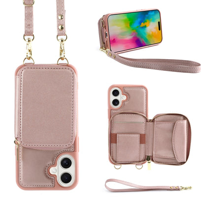 For iPhone 16 Crossbody Zipper Wallet Bag Leather Phone Case with Lanyard(Rose Gold) - iPhone 16 Cases by buy2fix | Online Shopping UK | buy2fix