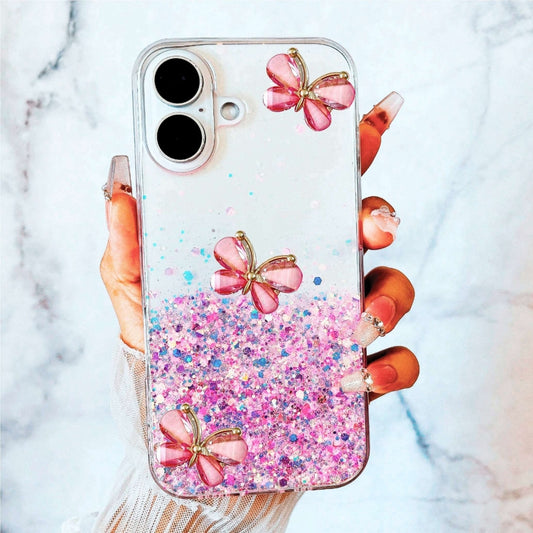 For iPhone 16 Plus Luminous Starry Sky Glitter Butterfly TPU Phone Case(Pink) by buy2fix
