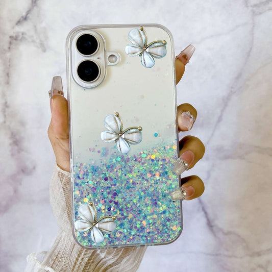For iPhone 16 Luminous Starry Sky Glitter Butterfly TPU Phone Case(Blue) by buy2fix