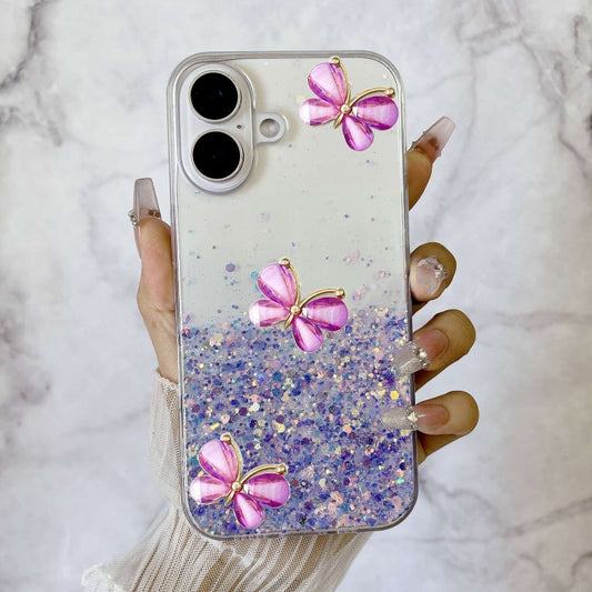 For iPhone 16 Luminous Starry Sky Glitter Butterfly TPU Phone Case(Purple) by buy2fix