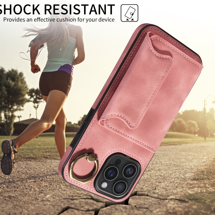 For iPhone 16 Pro Max Skin Feel Card Bag Phone Case with Ring Buckle(Rose Gold) - iPhone 16 Pro Max Cases by buy2fix | Online Shopping UK | buy2fix